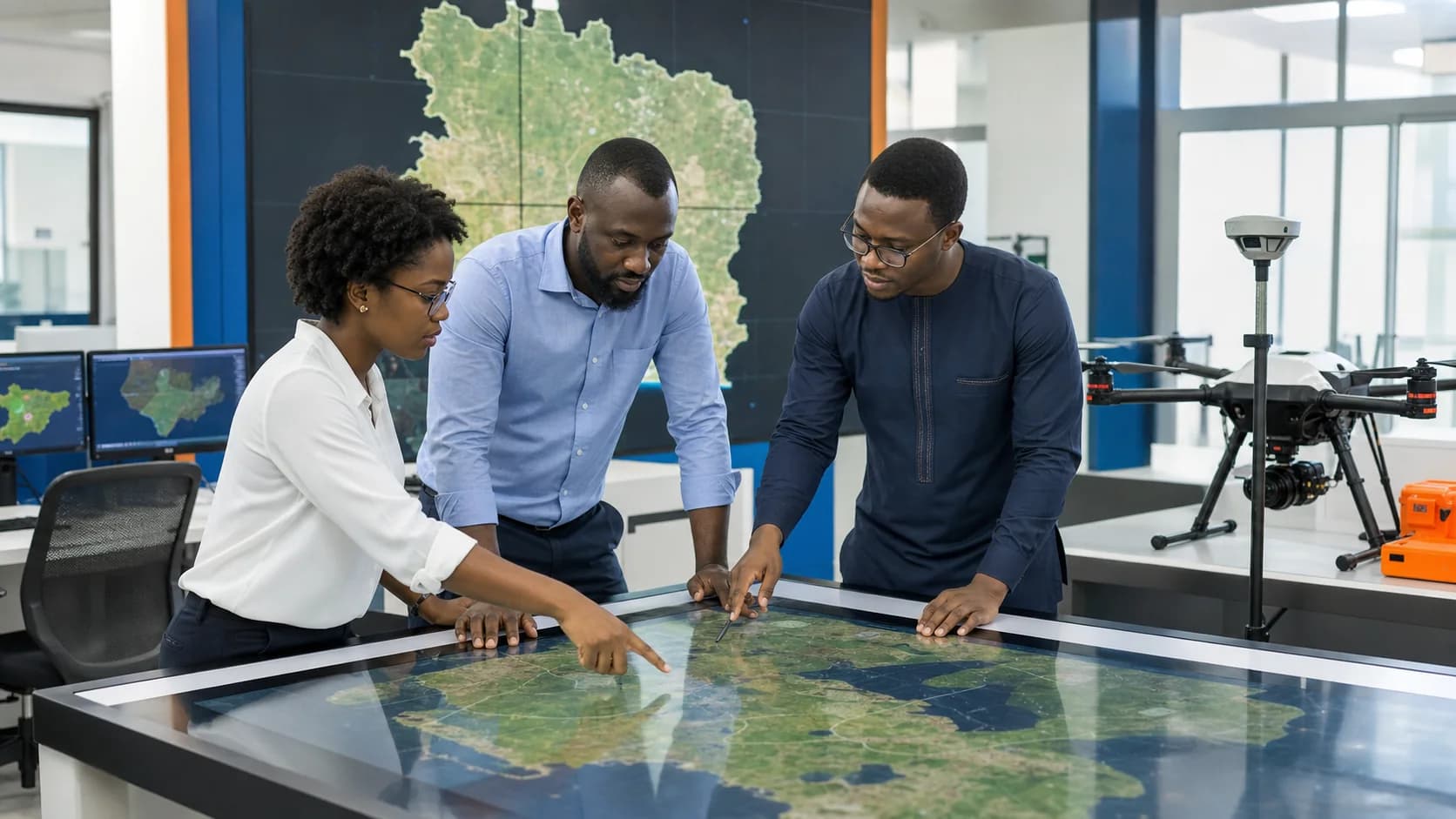 Trois spécialistes analysent une carte numérique devant des équipements de cartographie.